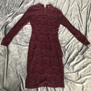 Lace Long Sleeve Burgundy Midi Dress